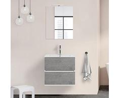 Mobile bagno sospeso con lavabo in ceramica e specchio, cassetti e ante a chiusura rallentata, 3 colorazioni disponibili (60 cm 2 cassetti, Grigio cemento)