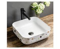 Lavabo da Appoggio Lavandino quadrato 15,1X15,1 Porcellana moderna sopra il bancone Lavandino bagno bianco Ciotola Lavabo in ceramica con rubinetto nero e scarico a scomparsa （Senza foro troppopieno