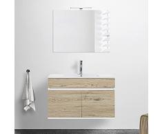 Mobile bagno sospeso con lavabo in ceramica e specchio, cassetti e ante a chiusura rallentata, 3 colorazioni disponibili (90 cm 2 ante, Rovere africa)