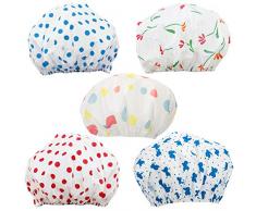 com-four® 5X Cuffia per Doccia Impermeabile per Proteggere lacconciatura, Cuffia da Bagno Flessibile con Elastico Elastico con Motivi Diversi, Ø 26 x 13 cm (05 Pezzi - mescola)