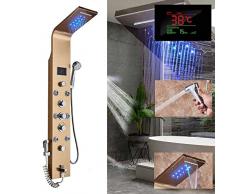 Pannello doccia a LED, elegante, in acciaio inox con funzione bidet e getto per vasca, indicatore di temperatura e 8 getti massaggianti, colore: oro