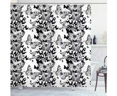 ABAKUHAUS Bianco e nero Tenda da Doccia, farfalla Motif, Tessuto Set di Decorazioni per il Bagno con Ganci, per la vasca da bagno, 175 cm x 240 cm, Nero bianco