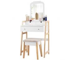 COSTWAY Set di Tavolo da Toeletta, Tavolo da Trucco con Sgabello e Specchio Regolabile in Altezza, 3 Cassetti, Bianco Moderno Minimalista