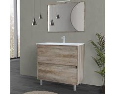 Mobile Bagno da Terra 80 cm, 2 cassetti Serie Oasi, Colore Rovere con venatura Naturale, Completo di lavabo in Ceramica e specchiera