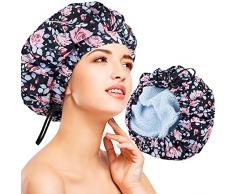Cuffia da doccia da donna, impermeabile, riutilizzabile, doppio strato, foderata in microfibra con funzione capelli secchi, extra large per capelli lunghi, regolabile per la maggior parte delle teste