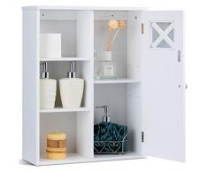 Goplus Armadietto a Parete da Bagno Mobile Pensile da Bagno con Una Porta e Mensola Bianco 48,5x17,5x61CM