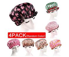Cuffia da doccia alla moda, grande, per capelli lunghi, da donna, a doppio strato impermeabile, con fascia elastica resistente, confezione da 4 pezzi con diversi motivi