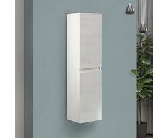 Colonna sospesa arredo bagno legno MDF, Altezza 136 cm, ante reversibili, ripiani interni in vetro (Bianco Venato)
