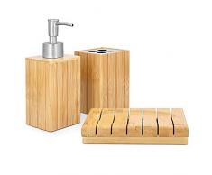 Navaris Set Accessori Bagno bambù 3 Pz - Bicchiere Porta Spazzolino da Denti Dispenser Porta Sapone Vassoio Porta Saponetta - Kit Legno 18,5x16x11cm