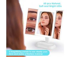 Auxmir Specchio Trucco con Luci 60 LED, Specchio Ingranditore Pieghevole 7X/5X/1X, Luminosità Regolabile, 3 Colori, Interruttore a Tocco, Rotazione 90°, Ideale per Trucco, Rasatura e Lenti Contatto