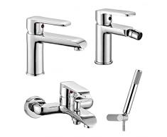 Set miscelatori rubinetteria bagno lavabo bidet e vasca da bagno con doccetta, completo di accessori, in ottone cromato, Dalila (Set lavabo bidet vasca con doccetta)