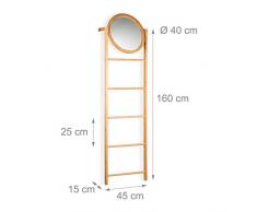 Relaxdays 10021552 Portasciugamani da Terra per Il Bagno in bambù, 4 Aste, Specchio, a Forma di Scala, Marrone Chiaro