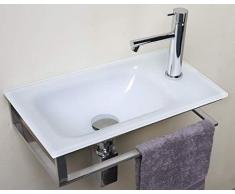 ARREDO BAGNO LAVABO/LAVANDINO/LAVAMANO IN VETRO EXTRACHIARO BIANCO DA CM 43 CON SUPPORTO IN ACCIAIO INOX
