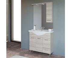 Mobile bagno a terra moderno, lavabo in ceramica, INCLUDE specchiera con pensile e illuminazione LED (Rovere Grigio, Larghezza 85 cm)