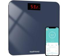 Bilancia pesapersone digitale BMI bilancia corporea con display LED e tecnologia step-on, app per smartphone, vetro di sicurezza e 5-180kg, grigio