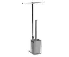 Porta Scopino In Acciaio Inox E Vetro Satinato Per WC, Set Da Toilette Con Spazzolino Incluso, Design Elegante 11,5x13,8x34,5 Cm