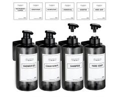 Anhow 4 Pezzi Dispenser Sapone Bagno, 500ml Dispenser Sapone Muro Dispenser di Liquido per Bagno Doccia Cucina Shampoo Balsamo Bagnoschiuma - Grigio