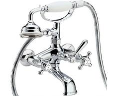 Hudson Reed Jade - Set Rubinetto Miscelatore Tradizionale con Doccetta Per Bordo Vasca o Parete - Ottone Cromato - Dischi Ceramici - Maniglia Croce - Rubinetti da Bagno - Dettagli Ceramica - Stile Classico