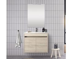 Mobile bagno sospeso 70 cm, serie Mavi 2 ante, arredo bagno moderno completo di lavabo e specchio (Rovere Juta)