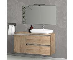 Mobile bagno sospeso 120 cm per lavabo da appoggio, serie Master 2 cassetti con anta, top e specchio INCLUSI (Rovere Miele)
