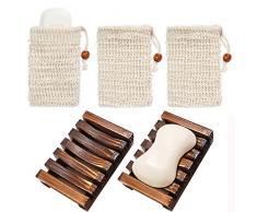 Chefic 2 Portasapone & 3 Sacchetti di Sapone, Portasapone in Legno Naturale Fatti a Mano per Accessori da Bagno/Cucina, Sacchetto di Sapone Esfoliante in Sisal Senza Plastica Sacchetto Salvasapone