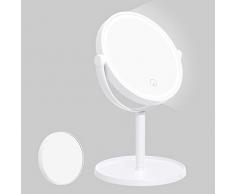 Kasimir Specchio da Trucco con Luce LED Specchio Cosmetico Illuminato Portatile Specchio Makeup Professionale, Ricarica USB, Touch Screen per Trucco Camera da Letto Rasatura e Viaggio - Bianco