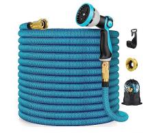 Tubo Acqua Giardino 30M/100FT, TIAXU Tubo Estensibile Giardino da 3/4 di Pollice, Tubo Irrigazione a Goccia con 10 Funzioni Doccia e Adattatori Rapidi, Irrigazione Giardino in Ottone di Alta Qualità