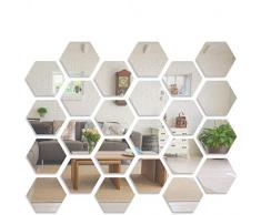 Adesivi da parete a specchio, LYGZTing 24 specchi acrilici rimovibili argento, specchi decorativi per pareti fai da te, specchi esagonali senza vetro, soggiorno, specchi decorativi per camera da letto