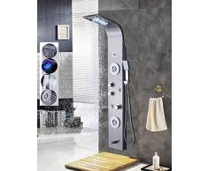 Pannello colonna doccia di alta qualità in acciaio Inox con indicatore di temperatura a LED. Doccia idromassaggio con 4 getti; Dotato di 5 funzioni. Colore: Argento (Cromo)