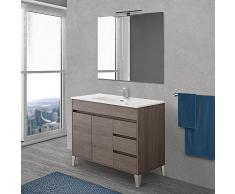 Mobile Bagno a Terra 100 cm, Linea Way 3 cassetti + 2 Ante, Completo di lavabo e Specchio (Rovere Scuro)