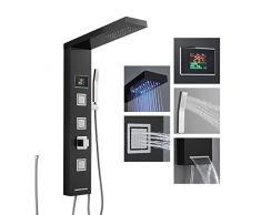 ROVOGO Pannello doccia a LED senza batteria e rubinetto, 5 funzioni: doccia a pioggia LED, 3 ugelli massaggianti, doccetta, colonna doccia sottile in acciaio inox, nero