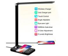 BIENSER Lampada Scrivania LED, Lampada da Tavolo, Caricatore Wireless 10W, Ricarica USB 5V/2A, 10 Luminosità X 5 Temperature di Colore, protezione degli occhi, dimmerabile per Lettura, Studio, Ufficio