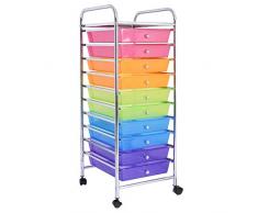COSTWAY Carrello con 10 Cassetti da Stoccaggio, Cassettiera di Metallo e Plastica, Contenitore Multiuso con Ruote a Freno, per Casa e Ufficio (Multicolore)