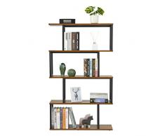 Meerveil Libreria a forma di S, Scaffale Portaoggetti, Libreria a 4 Ripiani, Libreria in Stile Industriale, con Struttura in Metallo, 76 x 24 x127.5cm, per Soggiorno e Ufficio, Marrone