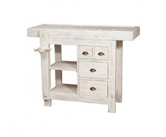 Biscottini Banco Tavolo da lavoro Country in legno massello di tiglio finitura bianca anticata L 116 x PR 63 x H 90 cm Made in Italy, fedele riproduzione di un antico ed originale Banco da Falegname