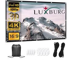 LUXBURG Schermo per proiettore portatile HD 4K da 100, 221 x 125 cm, di alta qualità, pieghevole, in tela spessa, 16:9 (88 x 129 cm), con borsa, nastro biadesivo, ganci e corde