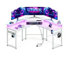 ODK Tavolo da gioco con LED, Scrivania da gioco con 2 prese e 2 porte USB, Tavolo da gaming per PC con ampia mensola per il monitor, Scrivania da gamer in fibra di carbonio bianca, 129x129 cm