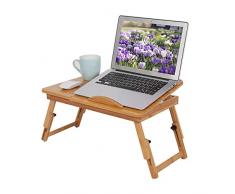 Scrivania pieghevole per laptop, comodino regolabile in bambù per laptop, vassoio da letto per notebook con piano inclinabile e cassetto, gronda alta antiscivolo