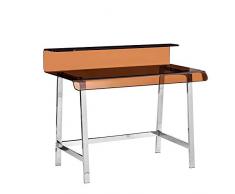 Scrivania Tavolino in Vetro Porta PC Desktop Flatbush Soggiorno Salotto Ufficio Vetro Con Gambe In Metallo Cromato, Design Moderno Elegante Minimal 110 x 90 x 56 cm (Oro)