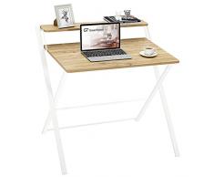 GreenForest Scrivania pieghevole a 2 ripiani per computer, con mensola, per casa, ufficio, per piccoli ambienti, non richiede montaggio, Quercia