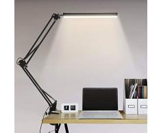 Lampada da Scrivania a LED, 14W Lampada da Tavolo con Morsetto, Protezione degli Occhi, Dimmerabile, 10 Livelli di Luminosità X 3 Modalità di illuminazione, Per Ufficio Lettura Studio, con Adattatore