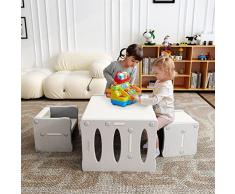 BanaSuper Set Tavolo e Sedie per Bambini Scrivania per Attività in Plastica con 2 Sgabelli Set di Mobili Multifunzione per Bambini in Età Prescolare Ragazzi Ragazze (Grigio Bianco)