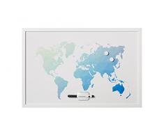 Bi-Office, Bacheca Poligono Mappa Del Mondo, Magnetica Cancellabile a Secco, Cornice Bianca MDF, 90x60cm