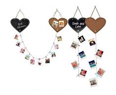 PERALMA Lovely Boards - Portafoto da Parete Multiplo Love, Bacheca in Legno e Sughero a Forma di Cuore, Cornice portafoto con spago, puntine e mollette