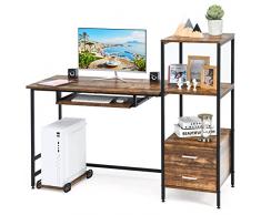 LIFEZEAL Scrivania in Legno, Scrivania per Computer, con Libreria, Cassetti, Scaffale, Vassoio per Tastiera e Portacase Mobile, Telaio in Acciaio, Per Lavoro, Studio, Ufficio, Max 185kg, Marrone