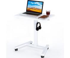 BONTEC Scrivania mobile da 65 x 45 cm con 4 ruote girevoli, scrivania su ruote, scrivania regolabile in altezza, tavolo da letto per soggiorno, camera da letto, medicale (bianco)