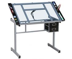 Yaheetech Tavolo da Disegno Inclinabile Scrivania con Piano in Vetro Regolabile Struttura in Acciaio Mobile Studio con Cassetti a Doppio Uso per Arte Pittura Design Lavoro Altezza Regolabile