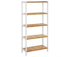 SONGMICS Scaffale da Bagno e da Cucina in Bambù, con 5 Ripiani Regolabili in 9 Altezze, Scaffalatura Portaoggetti per Soggiorno, Corridoio, 60 x 26 x 130 cm, Bianco e Color Legno Naturale BCB35WN