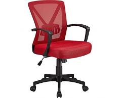 Yaheetech Sedia da Ufficio Scrivania Ergonomica Lombare Girevole a Rotelle Portata 136 kg Reclinabile in Rete Traspirante Altezza Regolabile con Braccioli Rossa