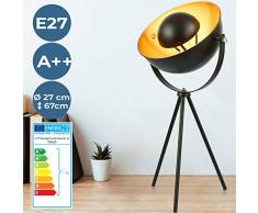Lampada da Tavolo Treppiede - E27, Max. 60 W, Girevole, Classe di Efficienza Energetica A++ a E, Paralume Nero Dorato, Vintage - Lampada da Lettura, da Tavolino, per Soggiorno, Salotto